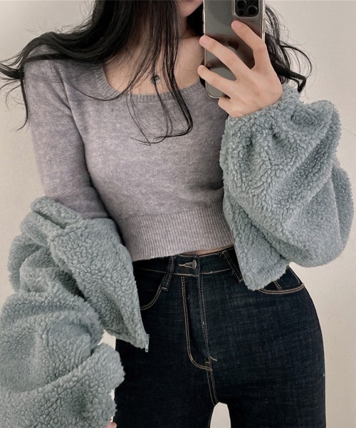 Miniministore(ミニミニストア)の「ボアジャケット 韓国 フリースジャケット(ブルゾン・レディース・ブルーグレー/ネイビー/アイボリー・フリー)」の5枚目の写真