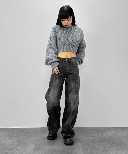 LVEU.（ラブユ.）の「【LVEU.】ヴィンテージデザインデニム / ボトムス デニム パンツ ヴィンテージ 色落ち ウォッシュ ブラック カジュアル ワイド ルーズ ZOZOTOWN限定（デニムパンツ・レディース・ブラック・FREE）」の3枚目の写真