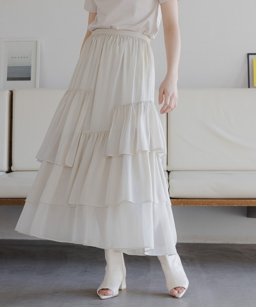 mysty woman（ミスティウーマン）の「ランダムティアードスカート 106952（スカート・レディース・チャコールグレー/ライトグリーン/ホワイト系その他・FREE）」の2枚目の写真