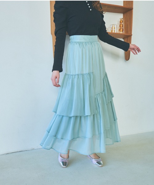mysty woman（ミスティウーマン）の「ランダムティアードスカート 106952（スカート・レディース・チャコールグレー/ライトグリーン/ホワイト系その他・FREE）」の4枚目の写真