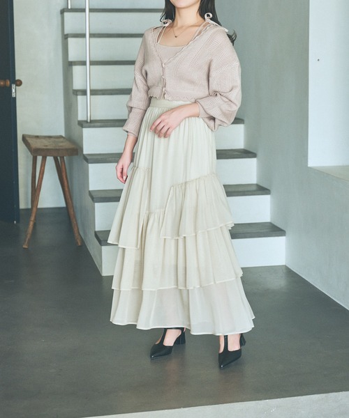 mysty woman（ミスティウーマン）の「ランダムティアードスカート 106952（スカート・レディース・チャコールグレー/ライトグリーン/ホワイト系その他・FREE）」の6枚目の写真