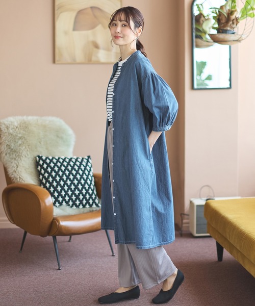 Honeys（ハニーズ）の「７分袖デニムマオカラーシャツワンピース（シャツワンピース・レディース・ライトブルー/ライトインディゴブルー・S/M/L/LL/3L）」の6枚目の写真