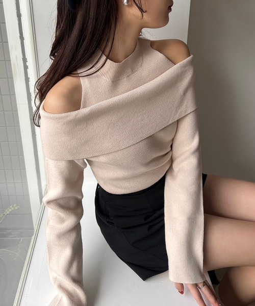 one after another NICE CLAUP（ワンアフターアナザーナイスクラップ）の「肩あきオフショルニット（ニット/セーター・レディース・オフホワイト/グレー/ベージュ/ホワイト×ブラック・FREE）」の16枚目の写真