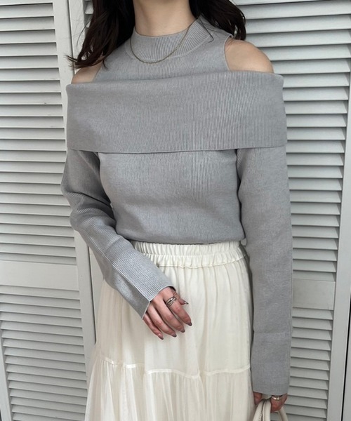 one after another NICE CLAUP（ワンアフターアナザーナイスクラップ）の「肩あきオフショルニット（ニット/セーター・レディース・オフホワイト/グレー/ベージュ/ホワイト×ブラック・FREE）」の20枚目の写真
