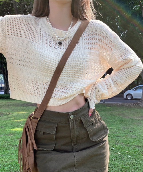 Miniministore(ミニミニストア)の「透かし編みニットトップス レディース長袖(ニット/セーター・レディース・アイボリー・FREE)」の2枚目の写真