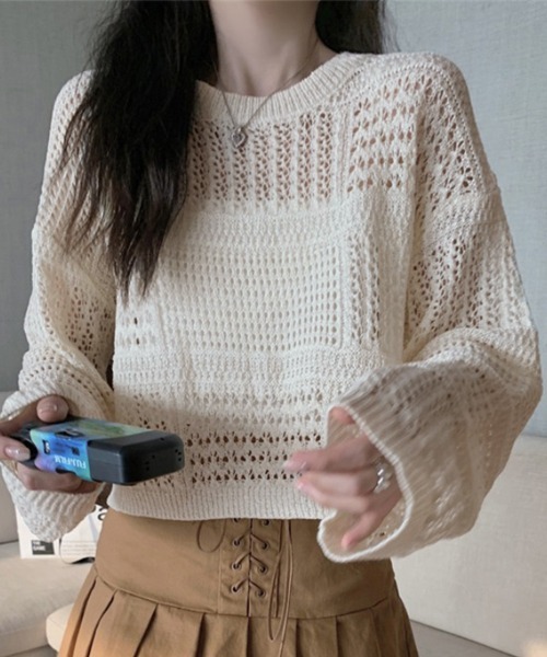Miniministore(ミニミニストア)の「透かし編みニットトップス レディース長袖(ニット/セーター・レディース・アイボリー・FREE)」の3枚目の写真