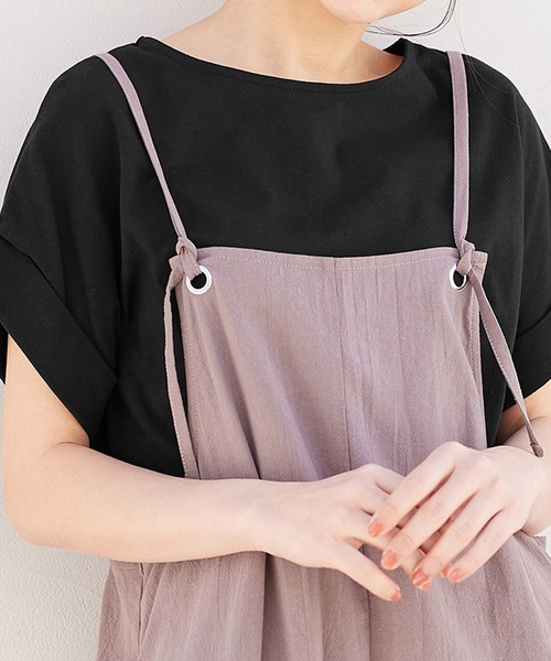 Viola e Viola(ヴィオラエヴィオラ)の「さらひやりコットン 前後2WAYトップス(Tシャツ/カットソー・レディース・ホワイト/ブラック/グレイッシュブルー/ミント/モカ・M/L/LL/3L/4L/5L)」の1枚目の写真