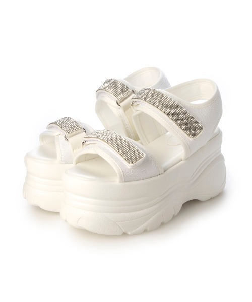 Mafmof（マフモフ）の「Mafmof(マフモフ)9cm厚底フラットソールラインストーンビジュースポーツサンダル（サンダル・レディース・ホワイト/ブラック・S/M/L/LL）」の6枚目の写真