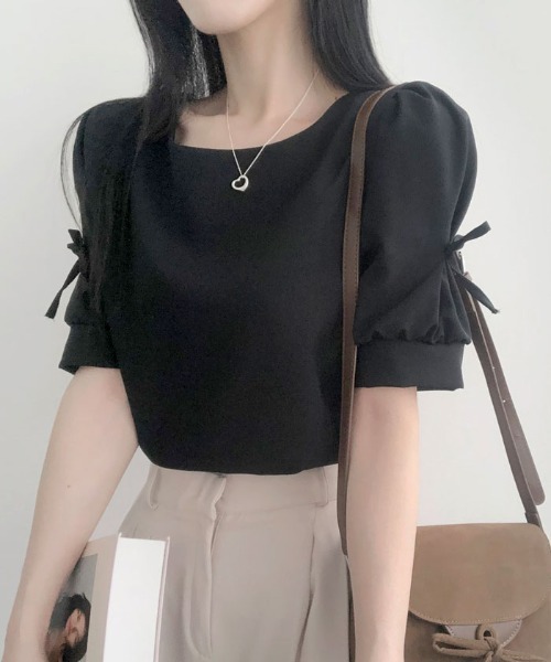 VIVID LADY(ビビッドレディー)の「リボン付き袖ブラウス バレコア 長袖 半袖 レディース クルーネック リボン ブラウス(シャツ/ブラウス・レディース・ブラック/スカイブルー/ピンク/アイボリー/ブラック系その他/クリーム/ベージュ/ピンク系その他/グレー/ブルー系その他・FREE/フリー/SMALL)」の3枚目の写真