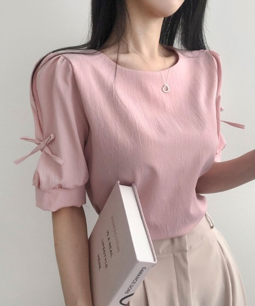 VIVID LADY(ビビッドレディー)の「リボン付き袖ブラウス バレコア 長袖 半袖 レディース クルーネック リボン ブラウス(シャツ/ブラウス・レディース・ブラック/スカイブルー/ピンク/アイボリー/ブラック系その他/クリーム/ベージュ/ピンク系その他/グレー/ブルー系その他・FREE/フリー/SMALL)」の14枚目の写真