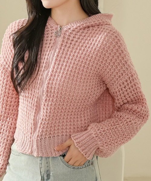 Lace Ladies(レースレディース)の「フロントジップ フーデット コンパクト ニット カーディガン(カーディガン/ボレロ・レディース・ベージュ/ピンク/ブラック/アイボリー/ブルーグレー・FREE)」の5枚目の写真