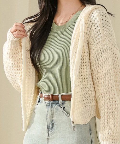 Lace Ladies(レースレディース)の「フロントジップ フーデット コンパクト ニット カーディガン(カーディガン/ボレロ・レディース・ベージュ/ピンク/ブラック/アイボリー/ブルーグレー・FREE)」の3枚目の写真