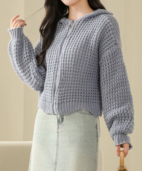 Lace Ladies(レースレディース)の「フロントジップ フーデット コンパクト ニット カーディガン(カーディガン/ボレロ・レディース・ベージュ/ピンク/ブラック/アイボリー/ブルーグレー・FREE)」の11枚目の写真