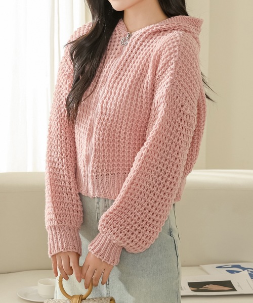 Lace Ladies(レースレディース)の「フロントジップ フーデット コンパクト ニット カーディガン(カーディガン/ボレロ・レディース・ベージュ/ピンク/ブラック/アイボリー/ブルーグレー・FREE)」の15枚目の写真