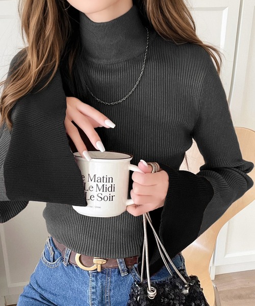 eLLa　エラ　フレア　ボア　ニット　プルオーバー　トップス　ブラック 予約]あぜ編みポリエステルニットプルオーバー/ブラック – Lumier