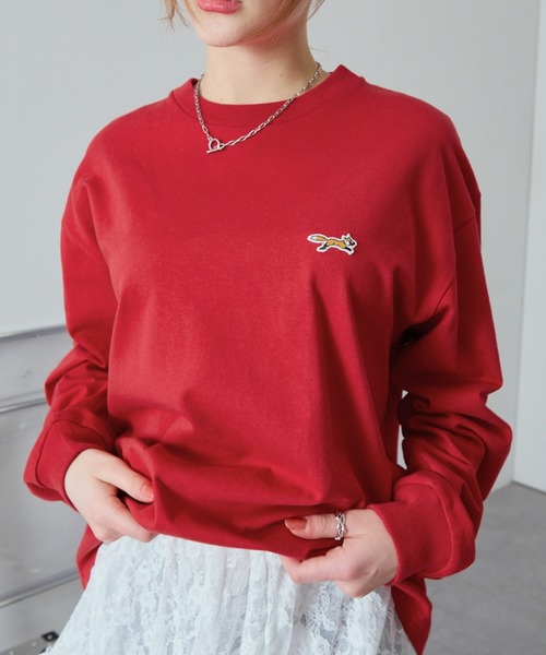 MONO-MART（モノマート）の「PENNEYS/ペニーズ 別注 THE FOX ロゴ ワンポイントワッペン刺繍オーバーサイズTシャツ（Tシャツ/カットソー・レディース・ダークネイビー/ライトグレー/ホワイト系/ブラック/ホワイト/チャコール/ブラウン/グレイッシュベージュ/レッド/ピンク/ブラック系/グレイッシュブルー/チェリーレッド・S/L/M）」の12枚目の写真