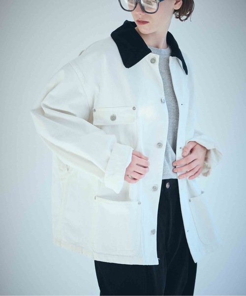 SEA(シー)の「VINTAGE オーバーセルヴィッチデニムカバーオール(テーラードジャケット・レディース・ホワイト/ブラック・ONE SIZE)」の1枚目の写真