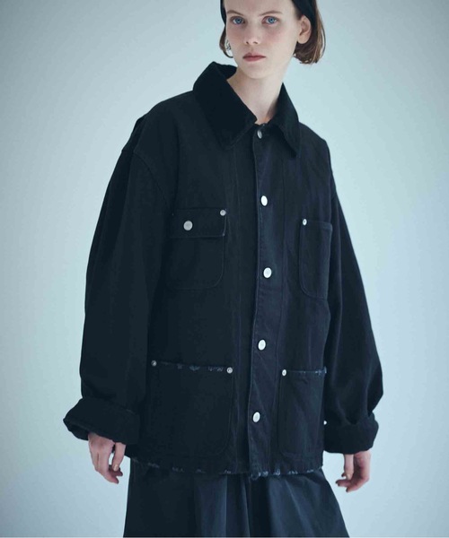 SEA(シー)の「VINTAGE オーバーセルヴィッチデニムカバーオール(テーラードジャケット・レディース・ホワイト/ブラック・ONE SIZE)」の2枚目の写真