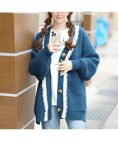 GOLDJAPAN(ゴールドジャパン)の「フリル付きミドルニットカーディガン【大きいサイズ対応】(カーディガン/ボレロ・レディース・ブルー/チャコール・LL~3L)」の13枚目の写真