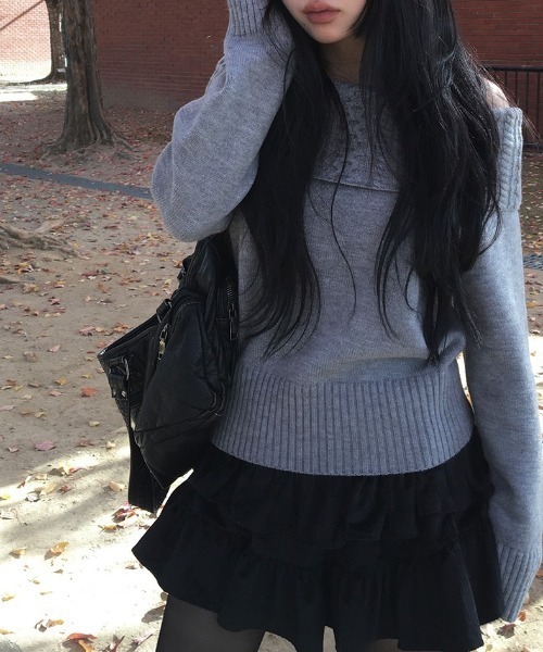 anyonemore（エニワンモア）の「ロングタイマフラー付きオフショルダーニットセット（ニット/セーター・レディース・グレー・FREE）」の14枚目の写真