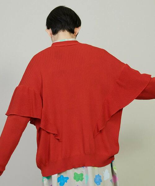 FRAPBOIS（フラボア）の「フリルリブカーデカーディガン（カーディガン/ボレロ・レディース・レッド/ネイビー・1）」の4枚目の写真