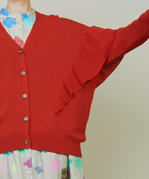 FRAPBOIS（フラボア）の「フリルリブカーデカーディガン（カーディガン/ボレロ・レディース・レッド/ネイビー・1）」の6枚目の写真
