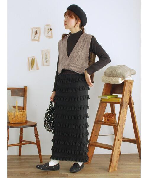 Samansa Mos2（サマンサ モスモス）の「◎ブランケットステッチケーブル編みショートベスト（ベスト・レディース・チャコールグレー/ベージュ/オフホワイト・F）」の10枚目の写真