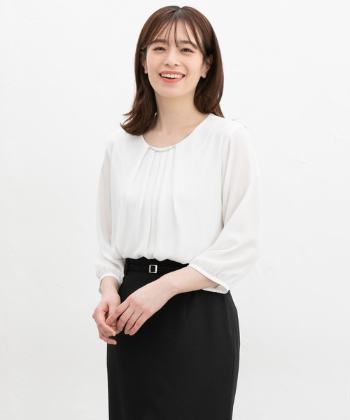 Honeys(ハニーズ)の「アクセ付7分袖ブラウス(シャツ/ブラウス・レディース・サックスブルー系/ホワイト×ブラック/オレンジ系その他/ネイビー/ホワイト・LL/S/M/L)」の8枚目の写真