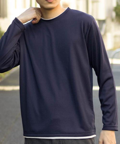 セール】NAVY ストライプフェイクレイヤード長袖T（Tシャツ