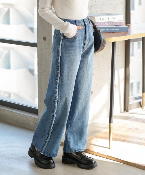 GLAD NEWSフリンジ付き刺繍デニムパンツ サイズ3 低身長向けサイズ ] サイドフリンジラインデニムパンツ（デニム