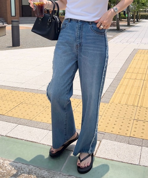 新品タグ付き【AUBREY】フリンジサイドラインデニムパンツ セール】サイド フリンジ スリット ストレート デニム パンツ