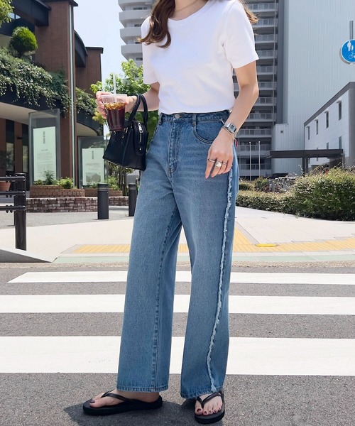 低身長向けサイズ ] サイドフリンジラインデニムパンツ（デニム