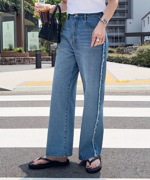 新品タグ付き【AUBREY】フリンジサイドラインデニムパンツ SABUROKU サブロク サイド フリンジ デニム パンツ｜BORN FREE