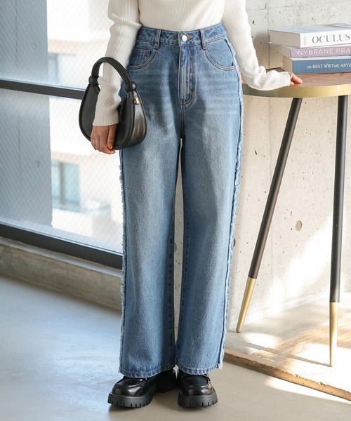 Petitle（プチレ）の「[ 低身長向けサイズ ] サイドフリンジラインデニムパンツ（デニムパンツ・レディース・インディゴブルー/ライトブルー/ブルー・PL/PM/PS）」の20枚目の写真