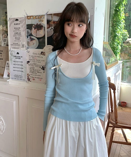 Mayree(メイリー)の「【Mayree】レイヤード風 デザイン リボン カットソー(Tシャツ/カットソー・レディース・ブラック/ピンク/ブルー・FREE)」の1枚目の写真