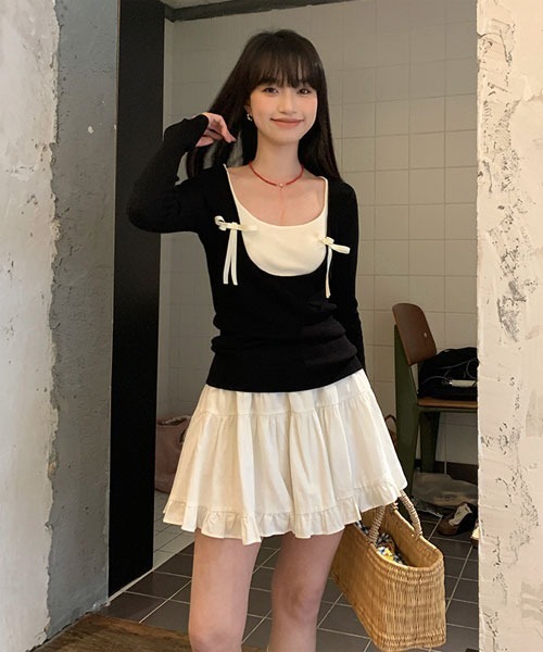 Mayree(メイリー)の「【Mayree】レイヤード風 デザイン リボン カットソー(Tシャツ/カットソー・レディース・ブラック/ピンク/ブルー・FREE)」の2枚目の写真