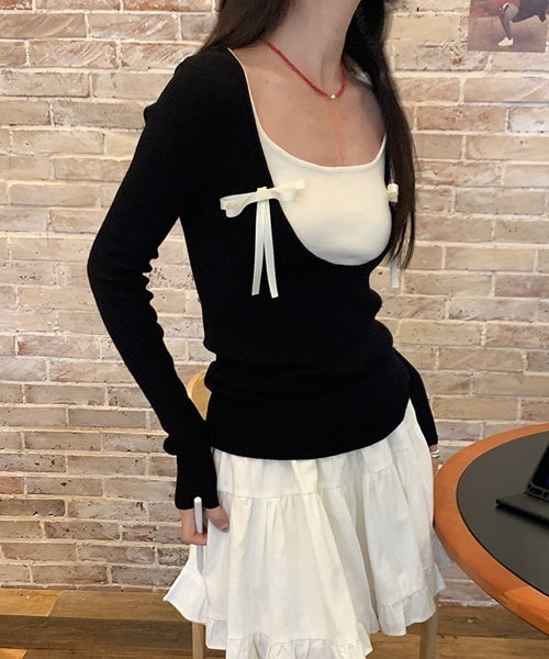Mayree(メイリー)の「【Mayree】レイヤード風 デザイン リボン カットソー(Tシャツ/カットソー・レディース・ブラック/ピンク/ブルー・FREE)」の4枚目の写真