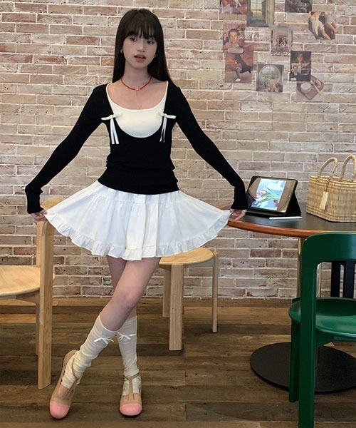 Mayree(メイリー)の「【Mayree】レイヤード風 デザイン リボン カットソー(Tシャツ/カットソー・レディース・ブラック/ピンク/ブルー・FREE)」の6枚目の写真