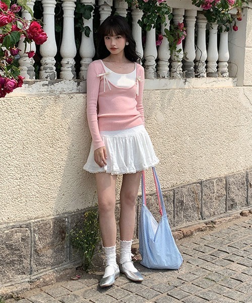 Mayree(メイリー)の「【Mayree】レイヤード風 デザイン リボン カットソー(Tシャツ/カットソー・レディース・ブラック/ピンク/ブルー・FREE)」の9枚目の写真