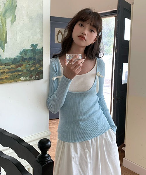 Mayree(メイリー)の「【Mayree】レイヤード風 デザイン リボン カットソー(Tシャツ/カットソー・レディース・ブラック/ピンク/ブルー・FREE)」の10枚目の写真