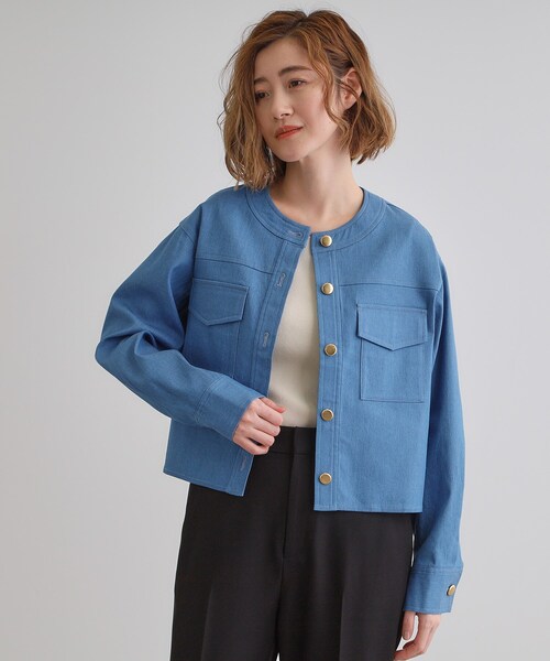 grove(グローブ)の「ライトデニムノーカラージャケット(デニムジャケット・レディース・ネイビー/アイボリー/ブルー・02/01/03/04/05)」の1枚目の写真