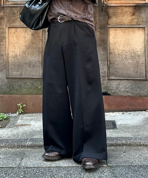 MandO ストライプワイドパンツ 黒 MandO】ストライプ&無地&チェックバギースラックス/ロールアップ