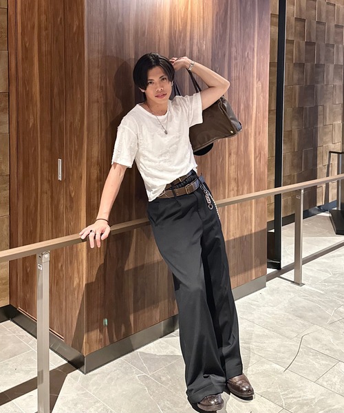 MandO ストライプワイドパンツ 黒 MandO（nemne store） スラックス 「MandO」ストライプ＆無地