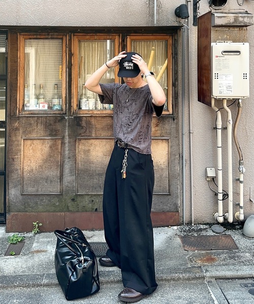 MandO ストライプワイドパンツ 黒 MandO】ストライプ&無地&チェックバギースラックス/ロールアップ