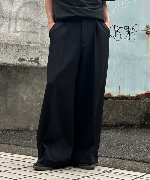 MandO ストライプワイドパンツ 黒 MandO】ストライプ&無地&チェックバギースラックス/ロールアップ