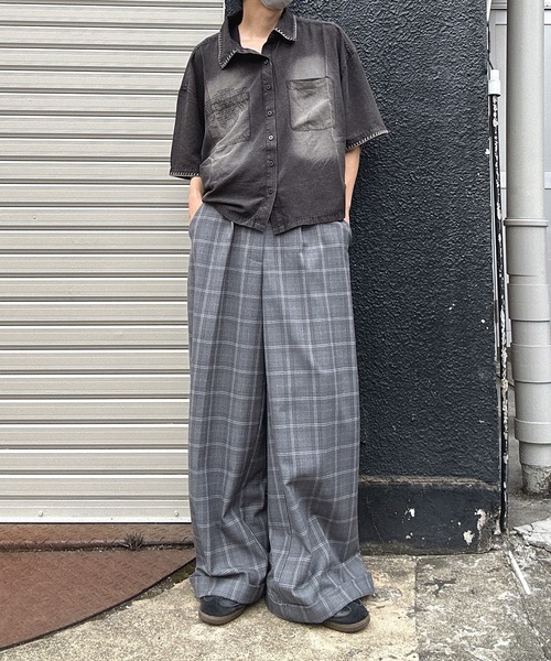 MandO ストライプワイドパンツ 黒 MandO】ストライプ&無地&チェックバギースラックス/ロールアップ