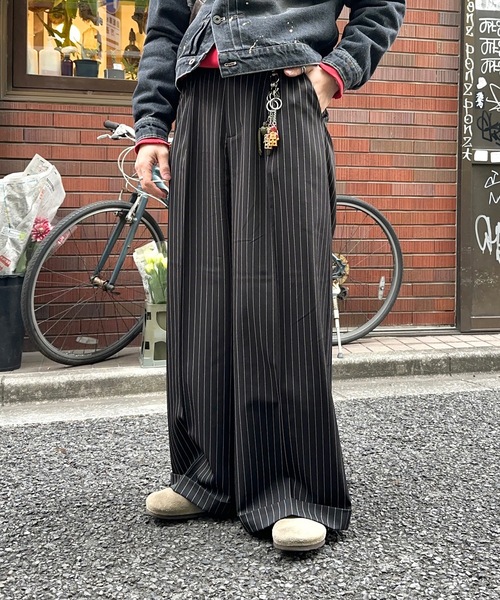 bleme フロントポケット ワイドストレート ストライプ スラックス