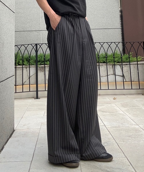 MandO ストライプワイドパンツ 黒 MandO】ストライプ&無地&チェックバギースラックス/ロールアップ