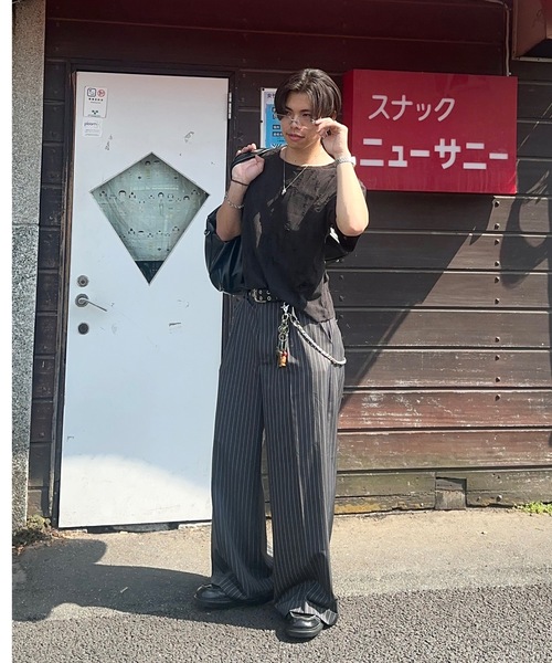 MandO ストライプワイドパンツ 黒 MandO】ストライプ&無地&チェックバギースラックス/ロールアップ