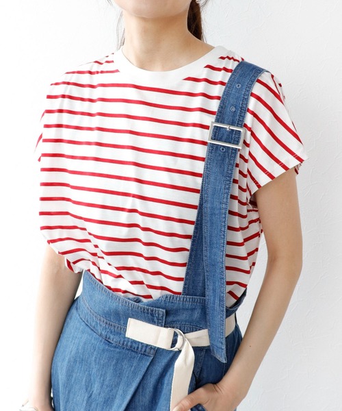 tシャツ 接触冷感フレンチスリーブボーダーカットソー レディース セール】接触冷感フレンチスリーブボーダーカットソー（Tシャツ